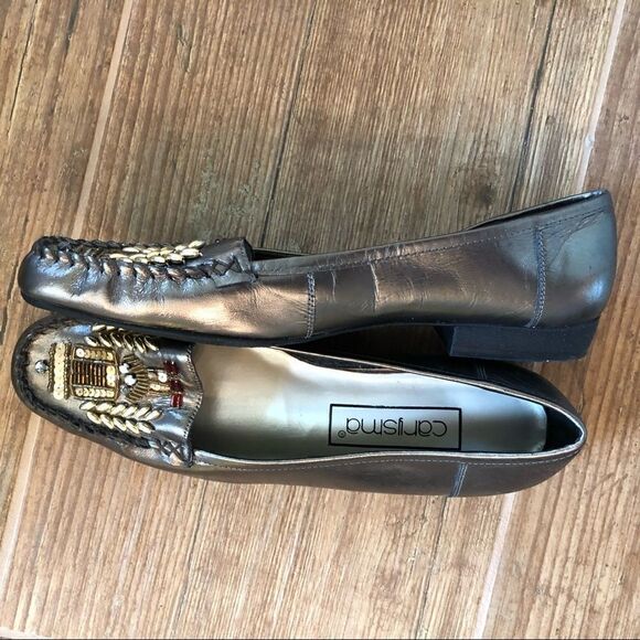 Carisma Sz 7.5N Leather Pewter Metallic Beaded Slip On Resort Summer Loafers - Picture 6 of 9
